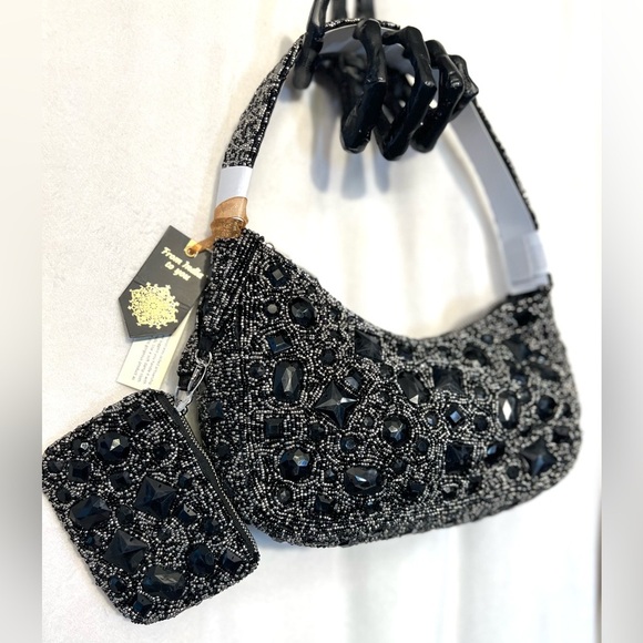 🖤🩶🖤 MADE IN INDIA BEAUTIFUL Black Beaded Shoulder Bag With Coin Purse🖤🩶🖤NWT - Picture 7 of 17